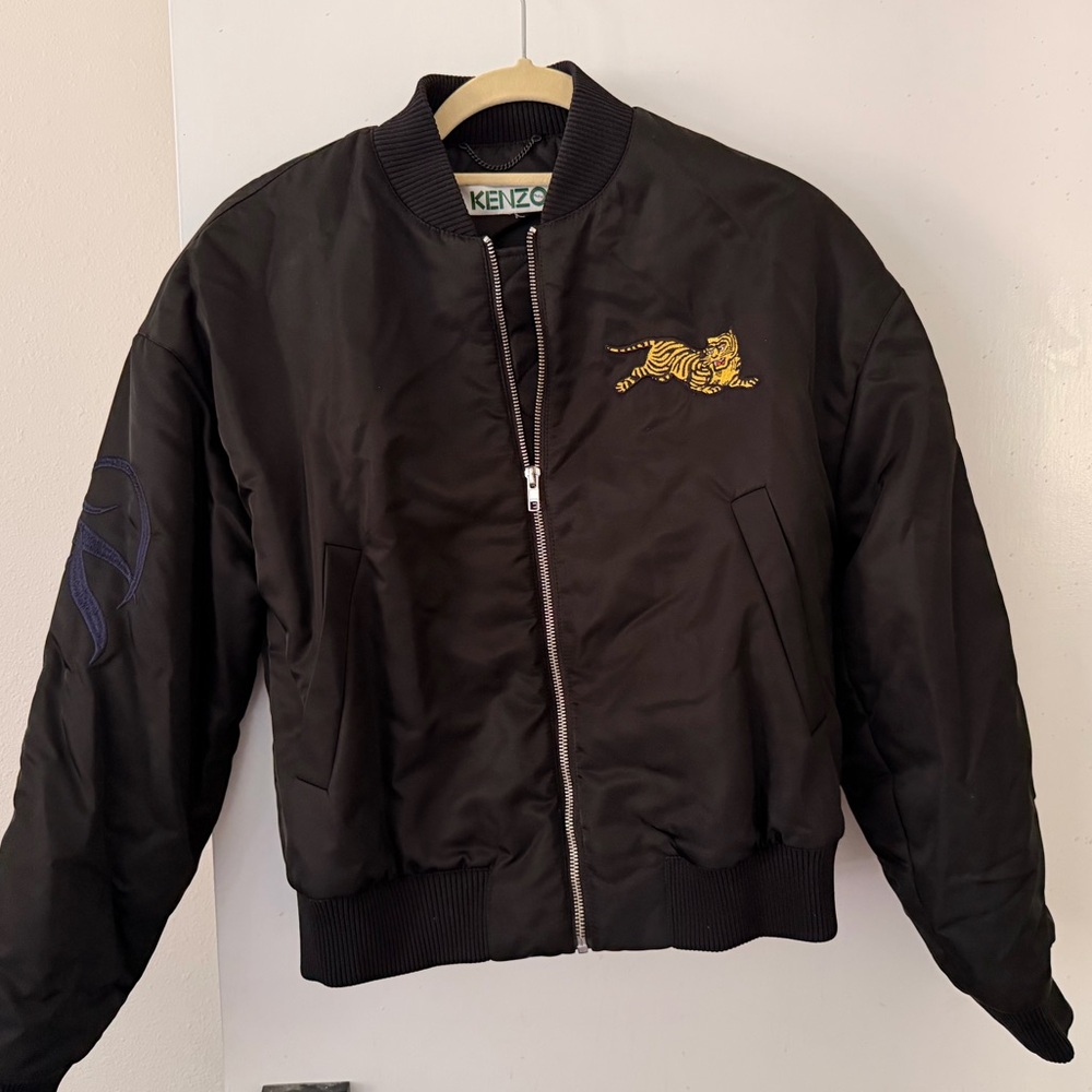 Kenzo Black Bomber Puffy Jacket with Gold Tiger Detail